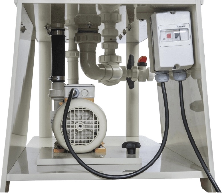 Detail of the filtration system series 7 from Hendor with controls, electric motor and piping