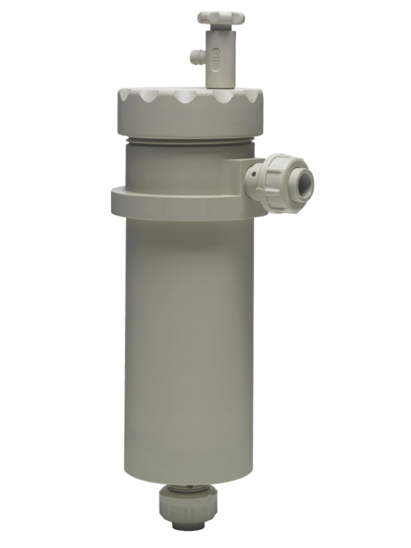 In-tank filter chamber series 1 from Hendor with with input at the side, and output below the bottom plate